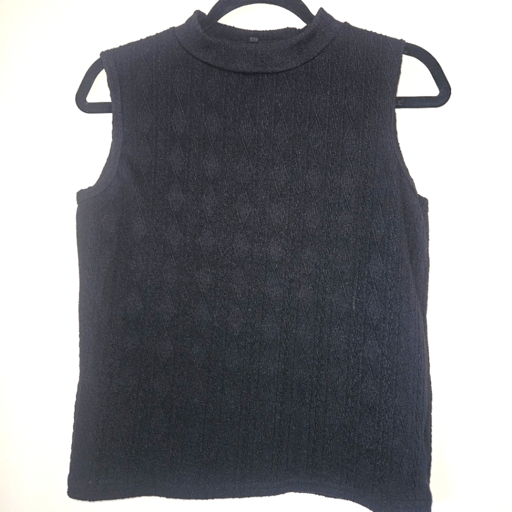 Jet black cable-knit sleeveless mock turtleneck